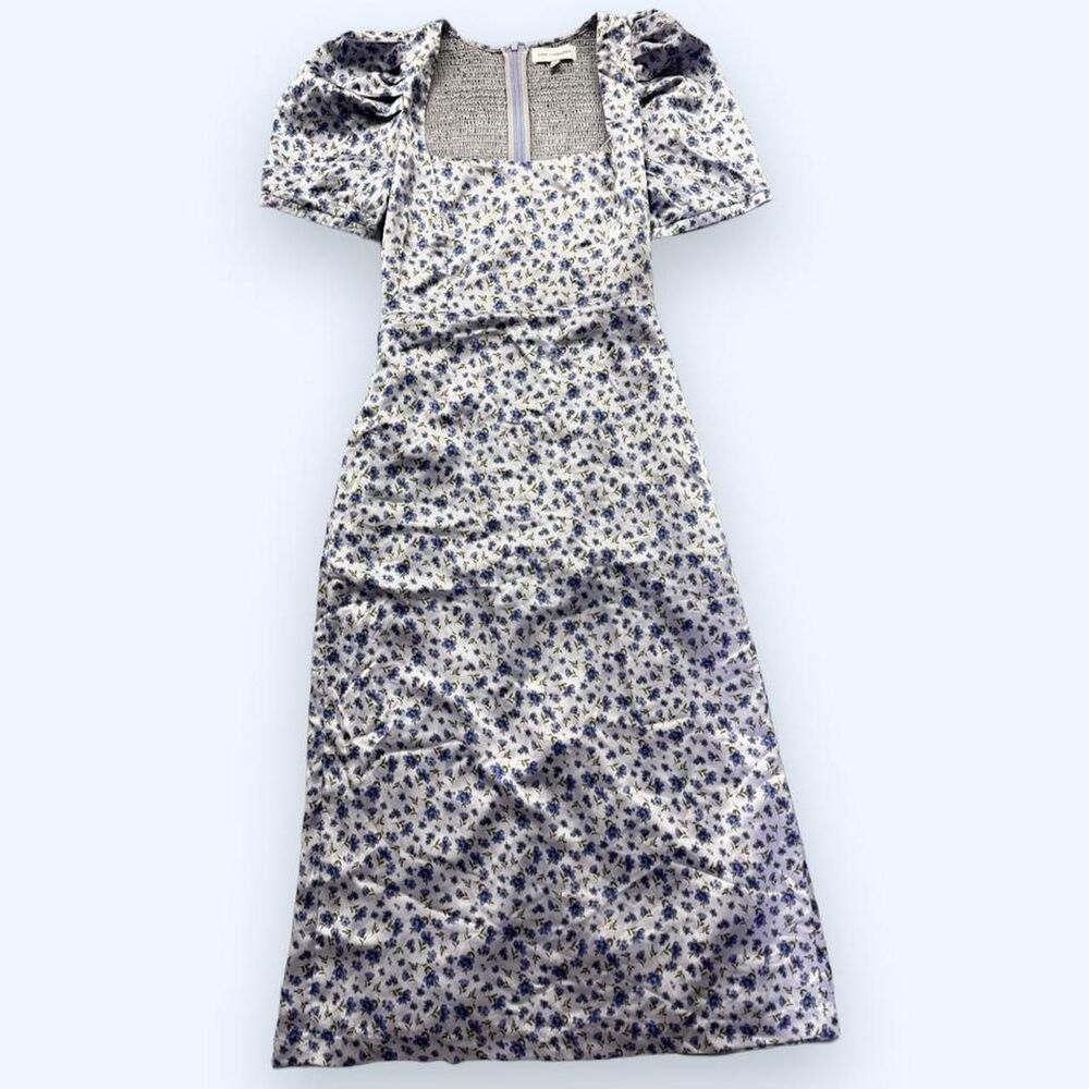 Lost + Wander Women's Purple and Blue Floral Print Satin Puff Sleeve Midi Dress